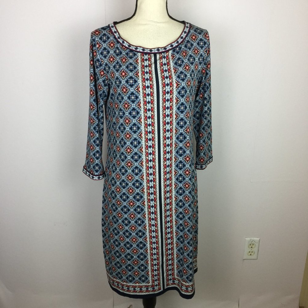 Max Studio Shift Dress Size M Womans Blue Red Geometric 3/4 Sleeve Stretch Knit